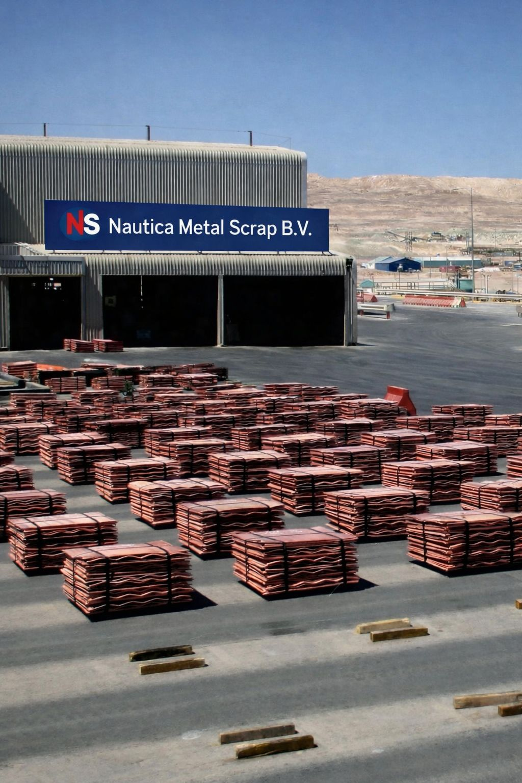 Nautica Metal Scrap B.V. facility with copper cathode stacks and company signboard